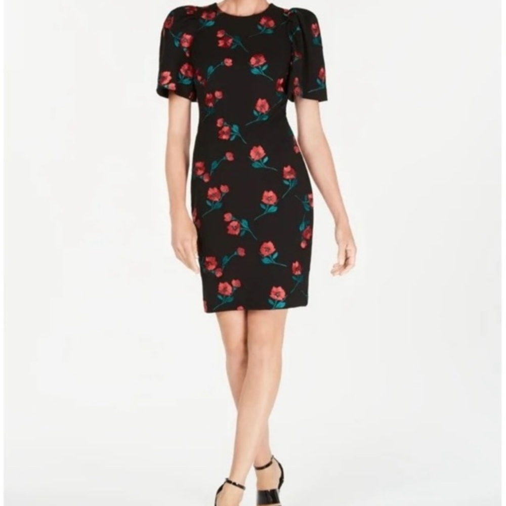 Calvin Klein Black and Red Puff Sleeve Mini Dress
